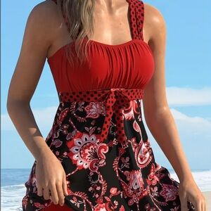 Red and Black Swimsuit two-piece Coverup with Floral Design